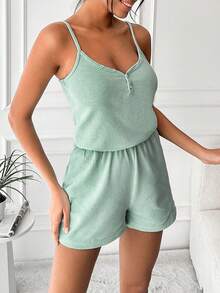 Waffle Knit Cami Top & Shorts Lounge Set - Mint Green - View 2