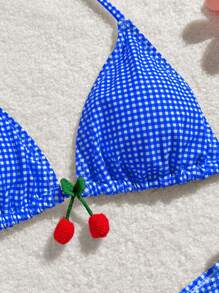 SHEIN Swim 夏日海灘格紋印花V領頸吊帶比基尼套裝，分離式設計 - 寶藍色 - 查看 3