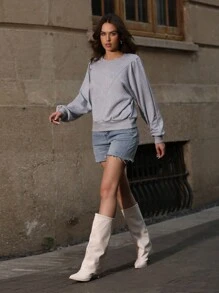 Anewsta Einfarbiger Rundhals Langarm Lässig Sweatshirt Pullover für den Herbst - Grau - Übersicht 3