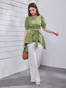 Mulvari 純色圓領設計,腰部收緊,不對稱下擺款式的上衣 - 綠色 - 查看 4