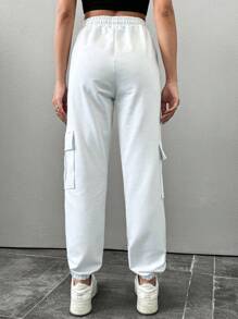 RueChic Women's Solid Color Drawstring Waist Cargo Pants - White - View 2