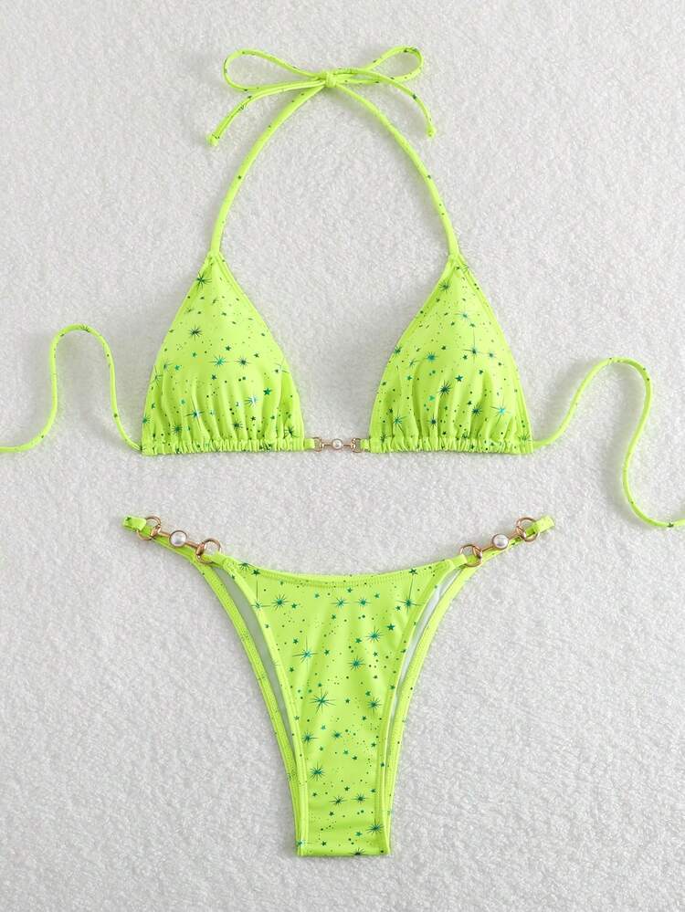 Summer Beach Star Print Halter Neon Bikini Set Two-Piece Bikini Set