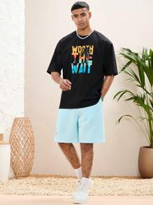 Manfinity VCAY 男士節日服裝春夏夏威夷音樂節度假活動針織休閒椰子印花藍色彈性腰短褲 - 藍色 - 查看 3