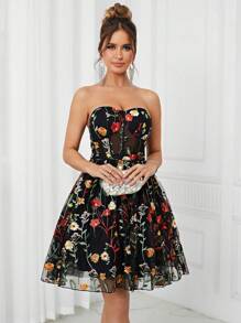 SHEIN Belle Elegant Women's Black Multi-Color Strap Top See-Through Romantic Mesh Embroidery 3D Floral A-Pend Fluffy Country Music Festival Easter Summer Vacation Wedding Event Bachelor Party Date Graduation Party Date Cocktail Party Dress Prom Semi Formal Wedding Guest Dress, For Birthday, Homecoming - Black - View 4