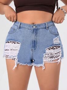 SHEIN ICON Plus Size Denim Shorts Kantong Raw Hem Ripped Plain - Biru - View 7