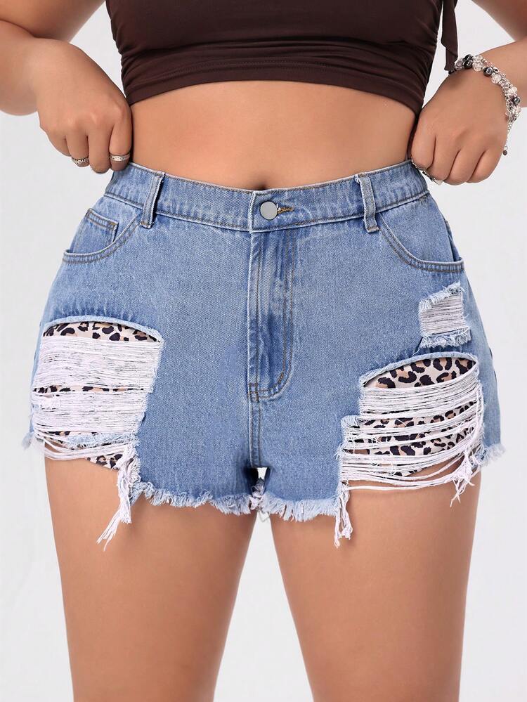 Plus Size Women's Non-Stretchy Denim Leopard Pattern Shorts With Sensual Style
