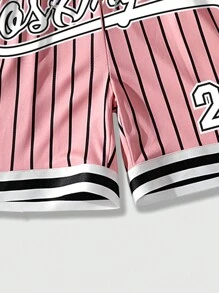ROMWE MEN Prep Men Summer Sports Striped And Letter Printed Drawstring Waist Mesh Basketball Shorts - Pink - View 7