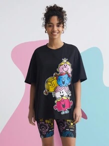 Mr Men Little Miss X SHEIN Cartoon Print Drop  Shoulder T-Shirt - Black - View 1
