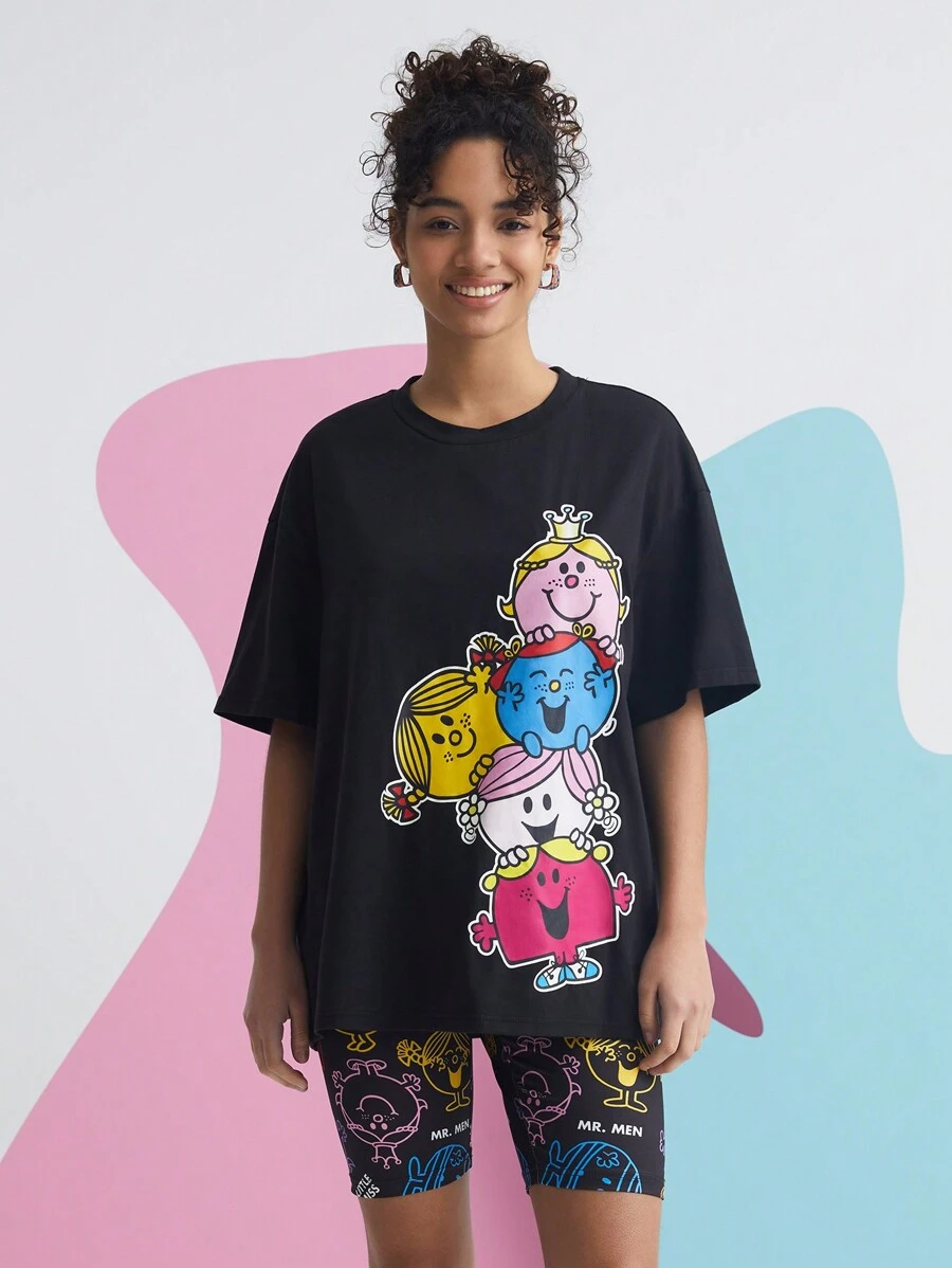 Mr Men Little Miss X SHEIN Cartoon Print Drop  Shoulder T-Shirt - Black - View 1