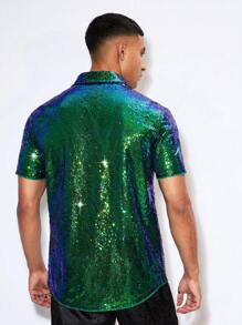 GENTILAND Men's Sequin Short Sleeve Shirt - Green - View 2