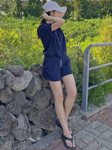 DAZY Solid Color Round Neck Short Sleeve Casual Top And Elastic Waist Shorts,Women Two Pieces Sets Lounge Sets For Women - Royal Blue - View 2