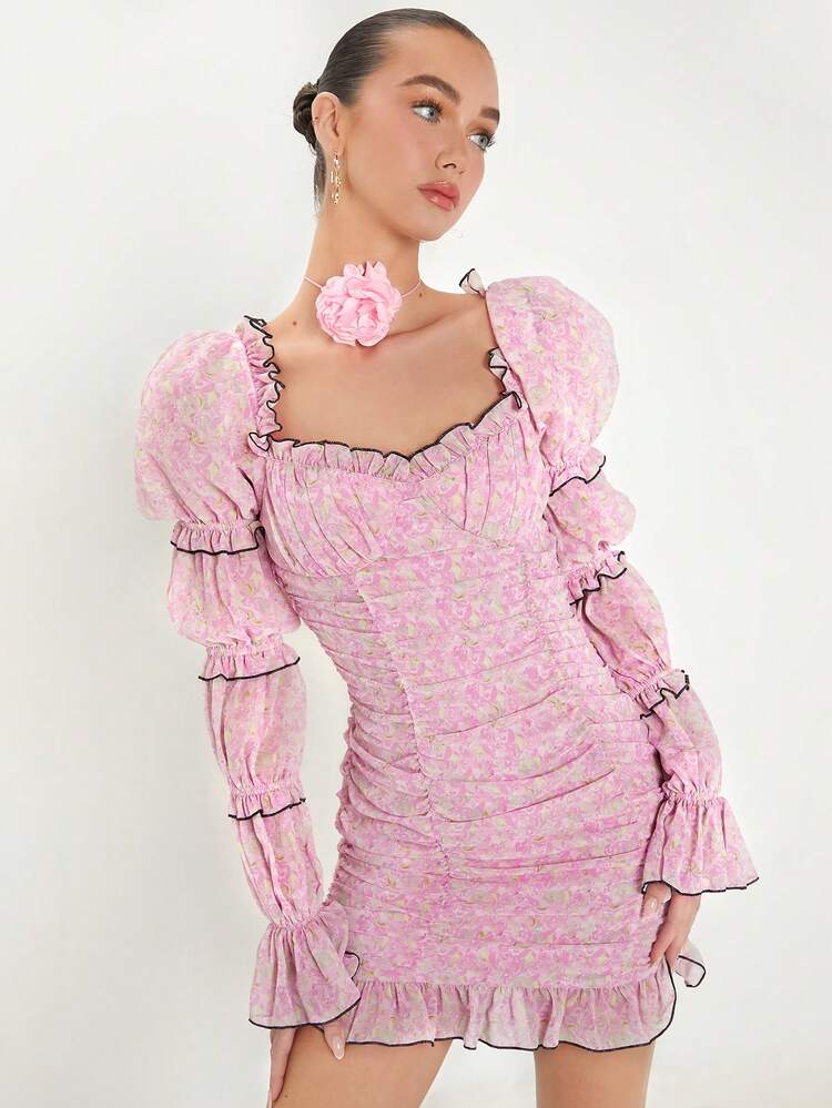 Women's Floral Print Lotus Leaf Hem Bell Sleeve Dress