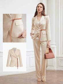 MOTF PREMIUM 編織女款尖領翻蓋細節束腰西裝外套