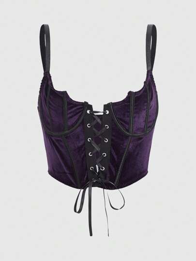 Goth Lace Up Contrast Binding Cami Top