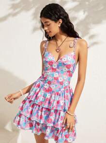 Soleia Vestido camisero con estampado floral pequeño y lazo automático