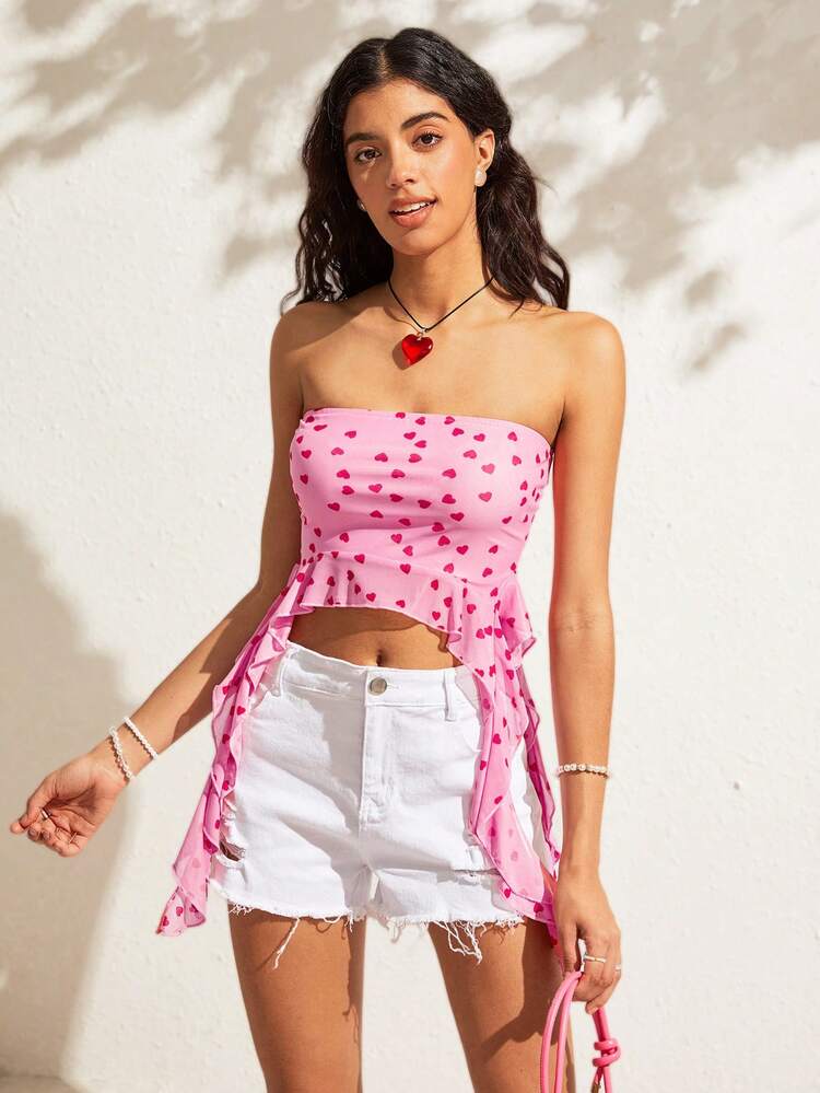 Heart Print Ruffle Hem Strapless Top With Waist Belt