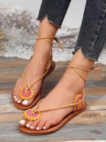 Kích thước lớn Xuyên biên giới Của phụ nữ Hoa Hướng dương Hoa Dải mỏng Vòng ngón chân Dép phẳng - Màu vàng - Xem 4