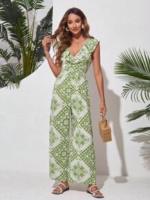 GENKIRA Printed Deep V-Neck Jumpsuit With Ruffled Hem On Neckline And Wide Leg - Green - View 5