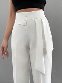 EURMUSE Mujeres Pantalones Blancos Elegantes Con Detalles En La Cintura - Blanco - Ver 4