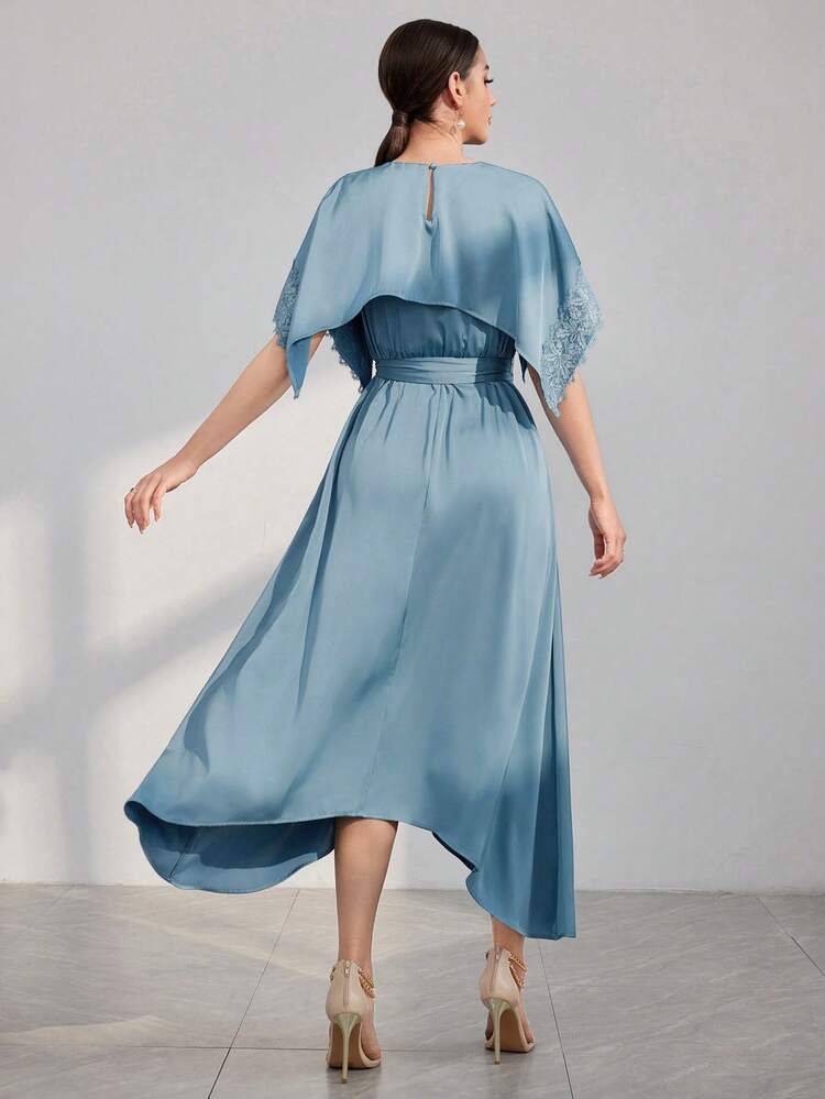 Lace Splice Round Neckline Empire Waist Dress Long Evening Dresses