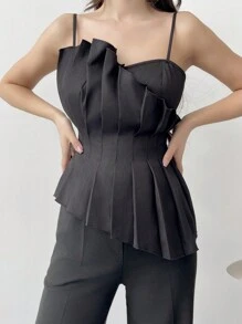 Firerie Solid Color Pleated Asymmetrical Hem Camisole Top - Black - View 3