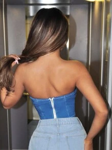 SHEIN ICON Co giãn Phong cách đường phố Gợi cảm Quần skinny Denim Áo lót , Xanh - Màu xanh lam - Xem 2