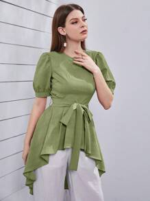 Mulvari 純色圓領設計,腰部收緊,不對稱下擺款式的上衣 - 綠色 - 查看 1