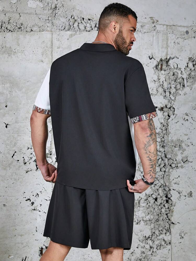 Men's Plus Size Geometric Printed Button Down Short Sleeve Shirt And Solid Color Shorts Set