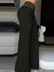 Pantalones Anchos Con Textura De Rayas Y Diseño Cruzado En La Parte Delantera - Negro - Ver 3