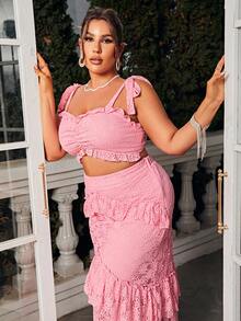 Glamaker Plus Size Plain Lace Cami Top & Ruffled Skirt Two-Piece Set - Pink - View 6