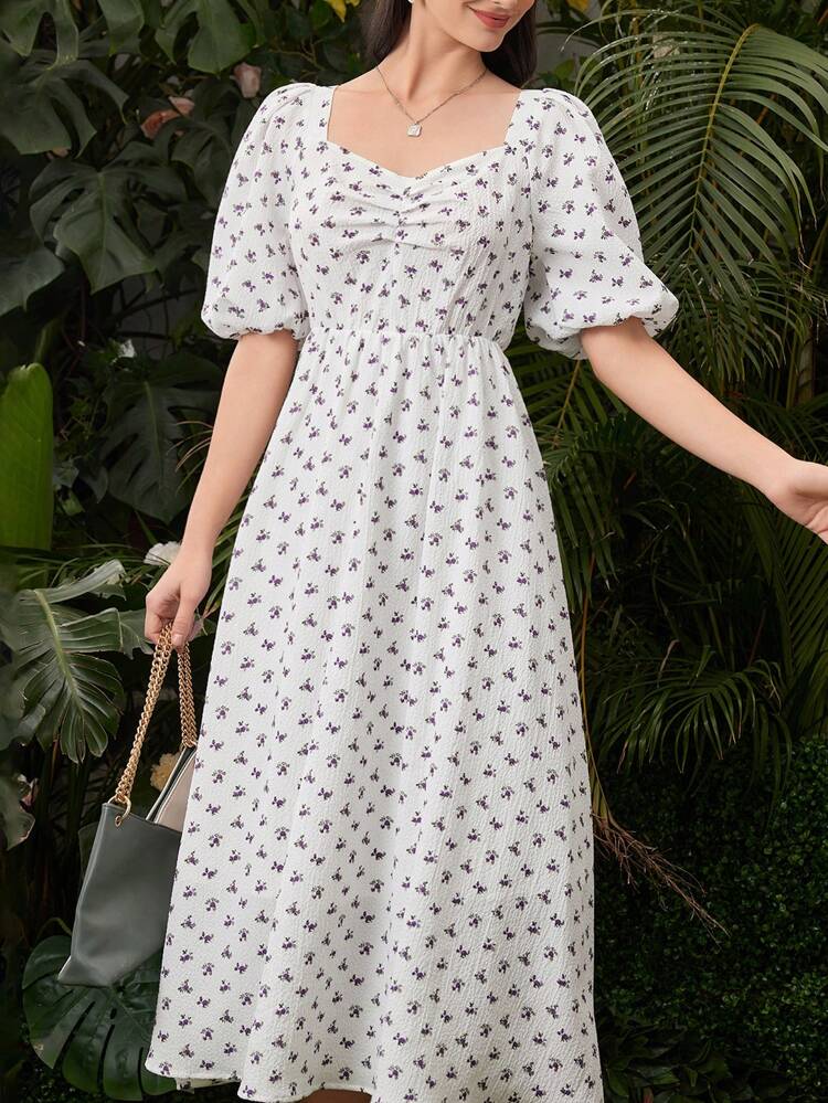 Women's Floral Print Puff Sleeve Pleated Dress