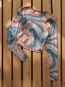 SHEIN EZwear Mesh Marble Print Top - Orange - View 5