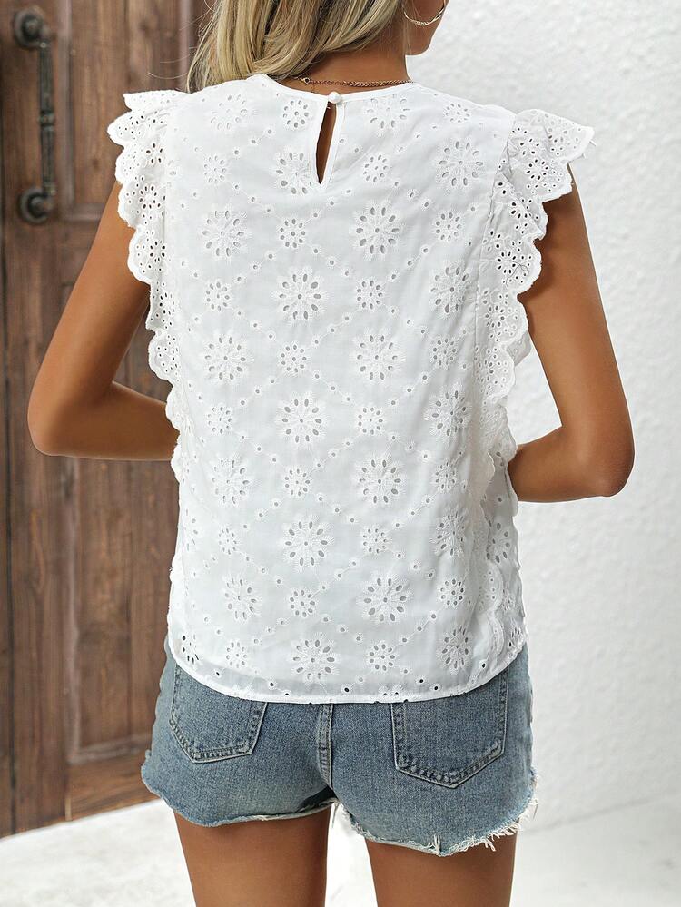Hollow Out Embroidery Lotus Leaf Hem Decor Casual Shirt