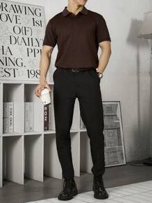 Manfinity Homme Men's Solid Color Short Sleeve Polo Shirt - Chocolate Brown - View 5