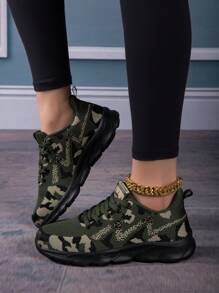 Zapatos deportivos casuales ligeros con cordones de malla de camuflaje de unicolor para mujer, para todas las estaciones, tenis para mujer - Verde militar - Ver 4