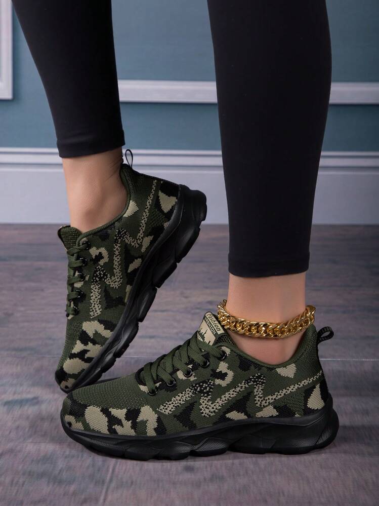 Zapatos deportivos casuales ligeros con cordones de malla de camuflaje de unicolor para mujer, para todas las estaciones, tenis para mujer - Verde militar - Añade 3