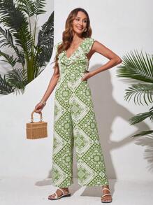 GENKIRA Printed Deep V-Neck Jumpsuit With Ruffled Hem On Neckline And Wide Leg - Green - View 4