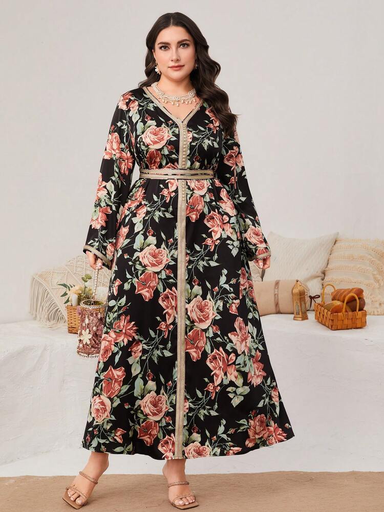 Plus Size Women's Patchwork Tape & Floral Print Arabian Jalabiya Clothing