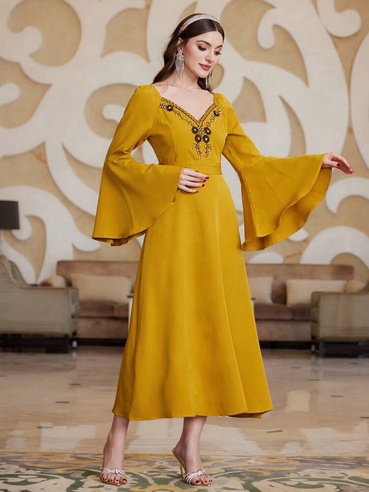 Women's Floral Embroidery Bell Sleeve Belted Jalabiya Dress, Elegant Evening Party Dress Fall Cloth For Women