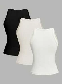 SHEIN EZwear 3 件套休闲简约细肩带女式背心，夏季 - 彩色 - 查看 2