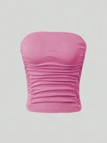 SHEIN Unity Women's Solid Colored Strapless Top With Ruched Detail On Both Sides Of Waist - Pink - View 1