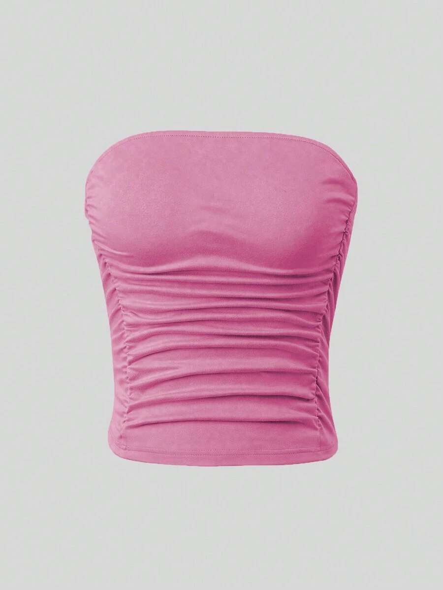 SHEIN Unity Women's Solid Colored Strapless Top With Ruched Detail On Both Sides Of Waist - Pink - View 1