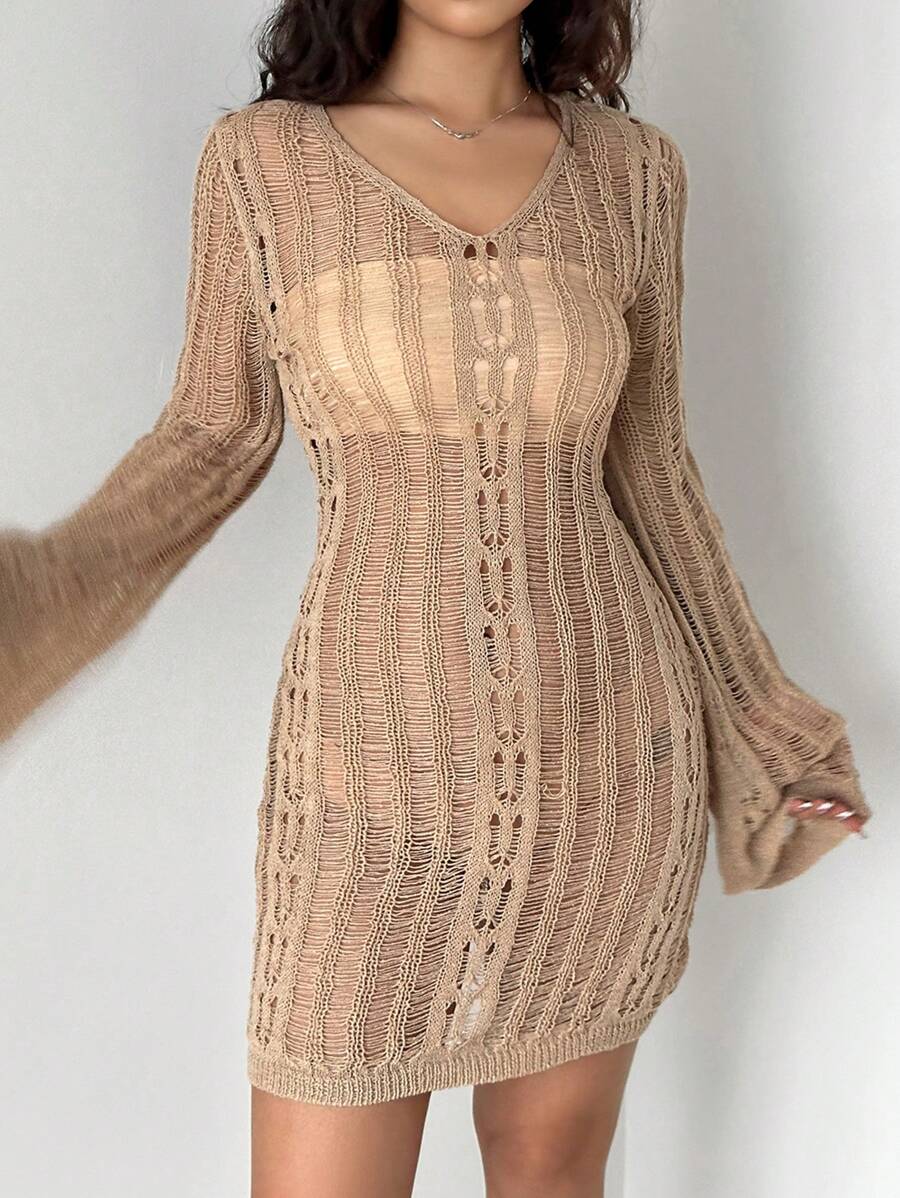 Flirla Women Solid Color Hollow Out Knitted See-Through Sweater Dress - Khaki - View 1