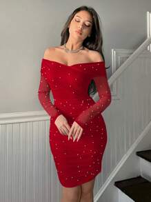 Firerie Off-Shoulder Ruffle & Pearl Beaded Bodycon Dress