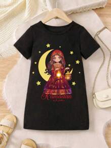Young Girls' Cartoon Printed Short Sleeve Festival Dress - Multicolor - View 1