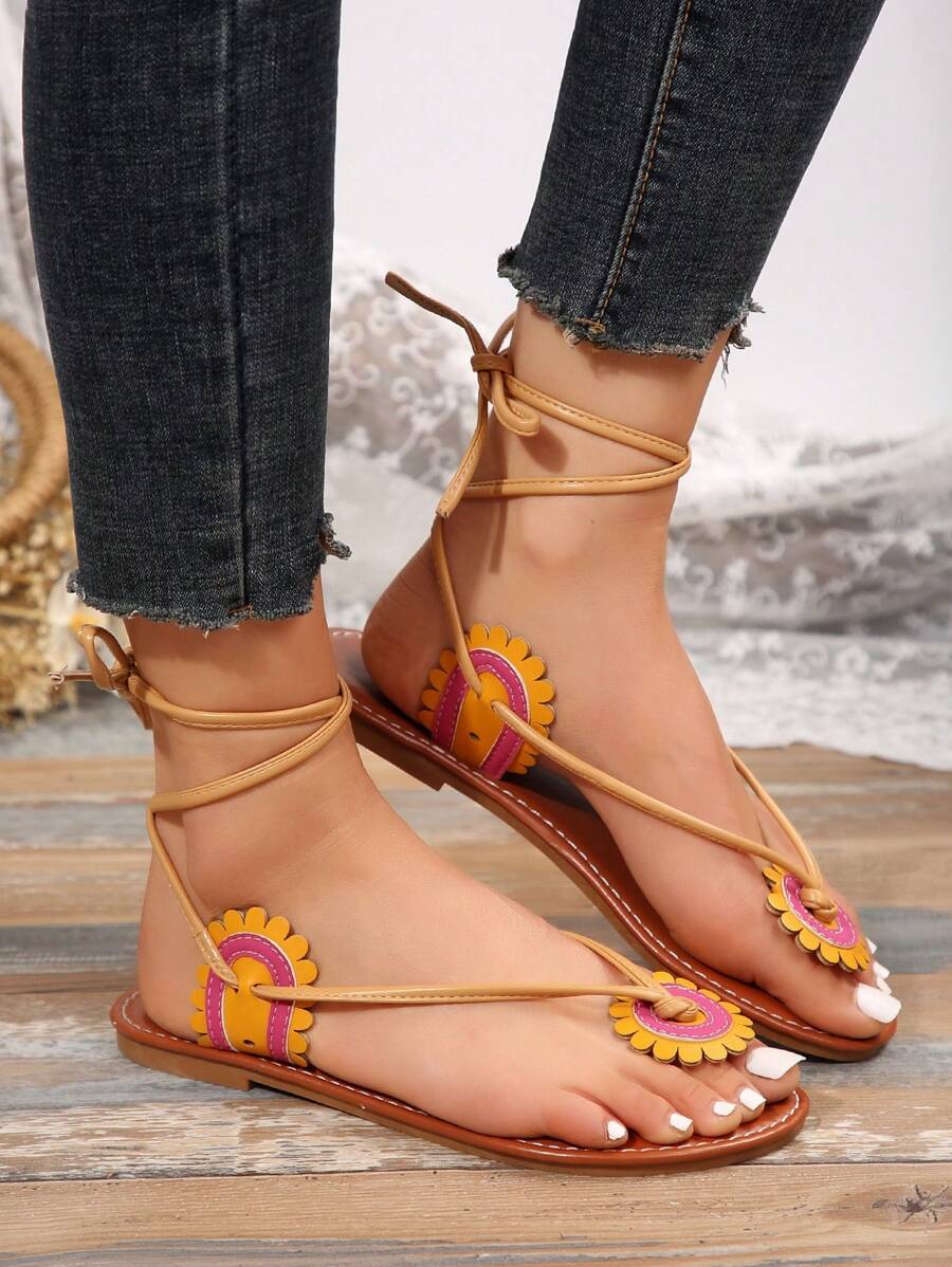 Kích thước lớn Xuyên biên giới Của phụ nữ Hoa Hướng dương Hoa Dải mỏng Vòng ngón chân Dép phẳng - Màu vàng - Xem 1