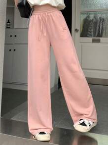 Dazy Designer Women's Pink Letter Embroidery Drawstring Waist Long Pants