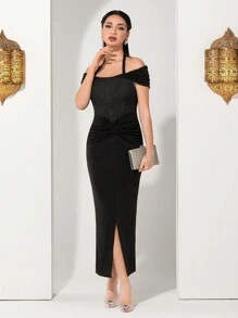 Modelyn 花卉提花挂脖扭花开叉连衣裙长款晚礼服 - 黑色 - 查看 1