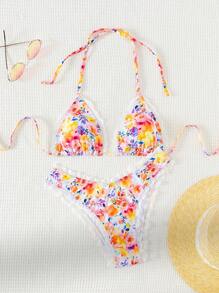 Swim Mod Women's Floral Print Halter Neck Two-Piece Bikini Set Summer Beach - Multicolor - View 1