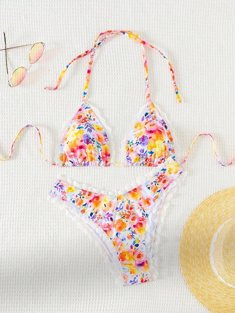 Swim Mod Women's Floral Print Halter Neck Two-Piece Bikini Set Summer Beach - Multicolor - View 1